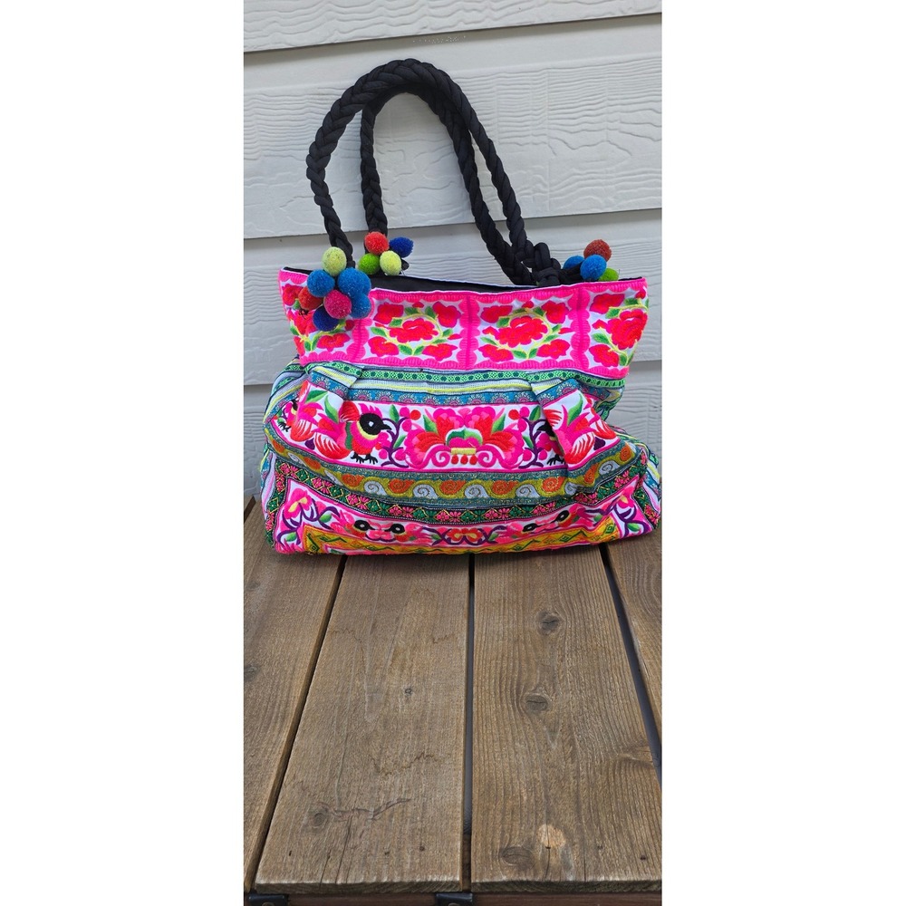 Hmong Embroidered Tote Bag Pink Floral Bird Pom Pom Bohemian Shoulder Bag Large